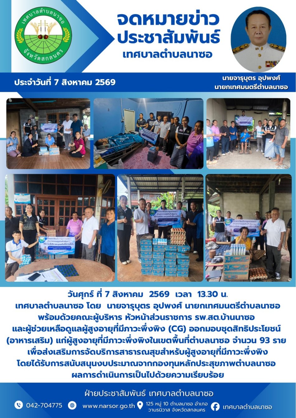 วันศุกร์ที่  7  สิงหาคม   2569   เวลา  13.30 น. เทศบาลตำบลนาซอ  โดย  นายจารุบุตร  อุปพงศ์  นายกเทศมนตรีตำบลนาซอ                               พร้อมด้วยคณะผู้บริหาร  หัวหน้าส่วนราชการ  รพ.สต.บ้านนาซอ  และผู้ช่วยเหลือดูแลผู้สูงอายุ        ...